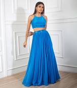 Teal blue crepe embroidery ruched skirt set