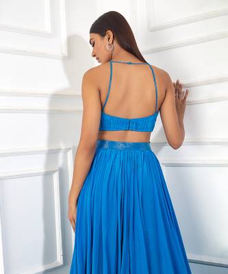 Teal blue crepe embroidery ruched skirt set 3