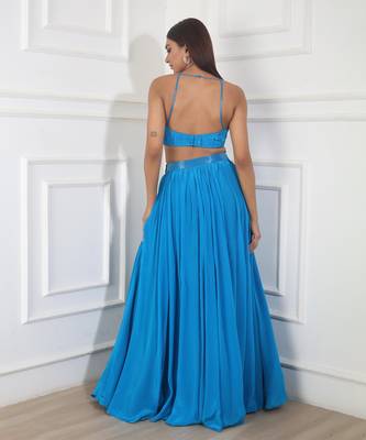 Teal blue crepe embroidery ruched skirt set 4
