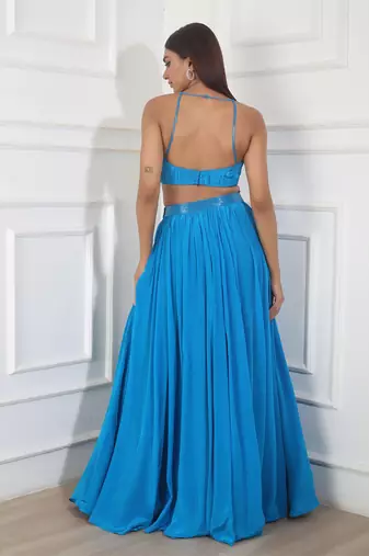 Teal blue crepe embroidery ruched skirt set
