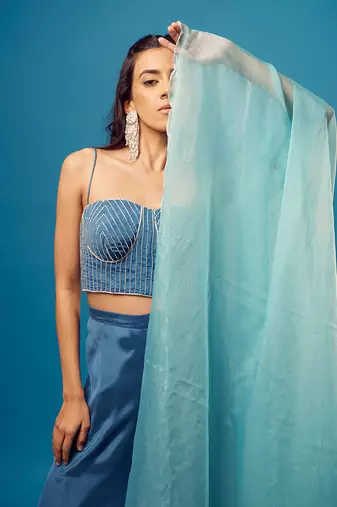 Blue cutdana embroidered corset