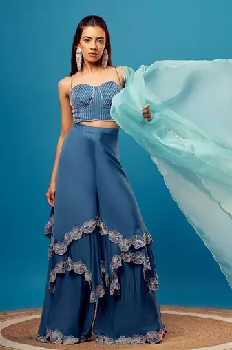 Blue cutdana embroidered corset