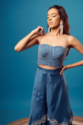 Blue cutdana embroidered corset