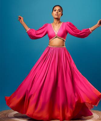 Pink-orange ombre balloon sleeve skirt set 1