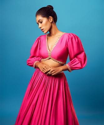 Pink-orange ombre balloon sleeve skirt set 2
