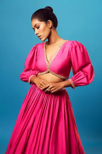 Pink-orange ombre balloon sleeve skirt set