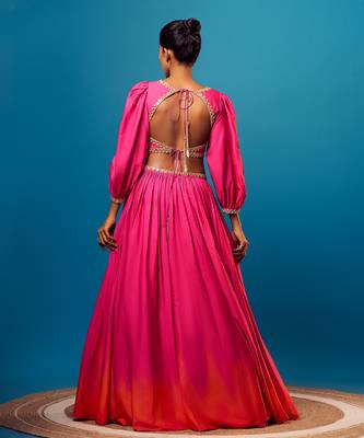 Pink-orange ombre balloon sleeve skirt set 3