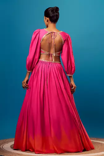 Pink-orange ombre balloon sleeve skirt set