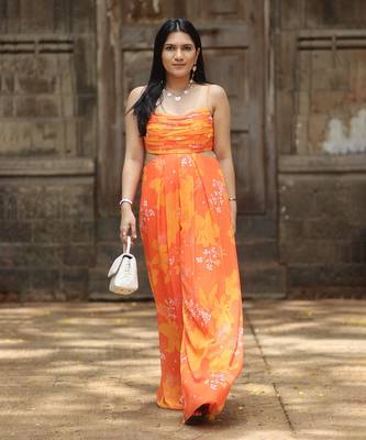 Yellow and orange printed jumpsuit 1