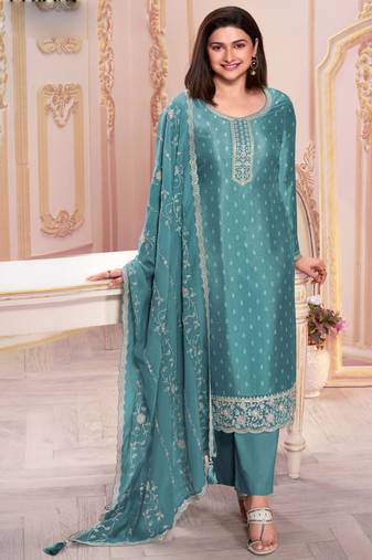 Turquoise silk georgette embroidered salwar suit