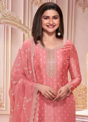 Peach silk georgette embroidered salwar suit 2