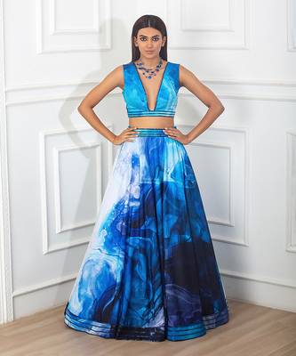 Blue Twisted Printed Lehenga Set 1
