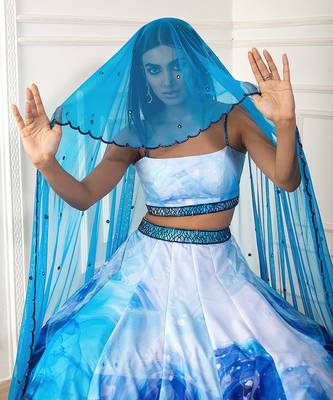 White/Blue Printed Lehenga Set 2