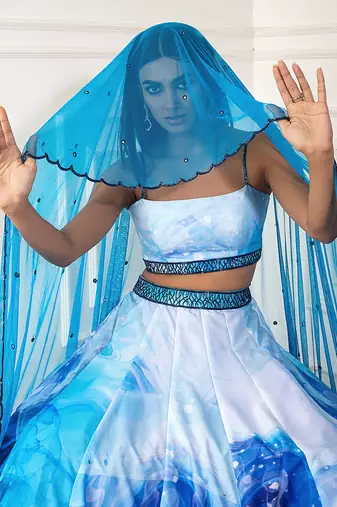 White/Blue Printed Lehenga Set