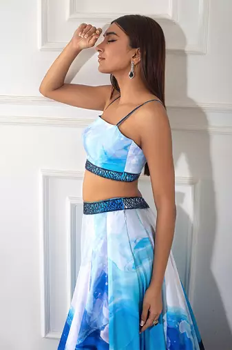 White/Blue Printed Lehenga Set