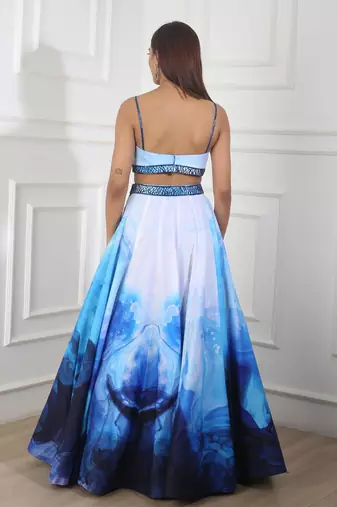 White/Blue Printed Lehenga Set