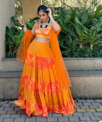 Yellow And orange embroidered blouse with matching tiered lehenga Set 1