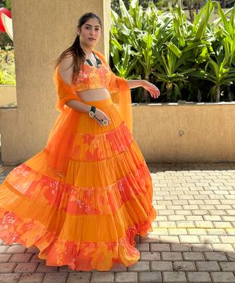 Yellow And orange embroidered blouse with matching tiered lehenga Set 2
