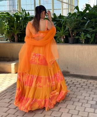 Yellow And orange embroidered blouse with matching tiered lehenga Set 3
