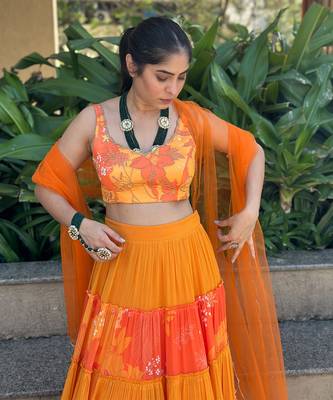Yellow And orange embroidered blouse with matching tiered lehenga Set 4