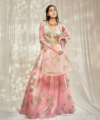 Baby Pink print organza silk lehenga set 1
