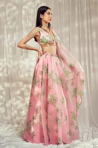 Baby Pink print organza silk lehenga set