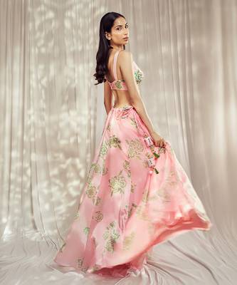 Baby Pink print organza silk lehenga set 3