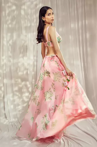 Baby Pink print organza silk lehenga set