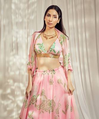 Baby Pink print organza silk lehenga set 4