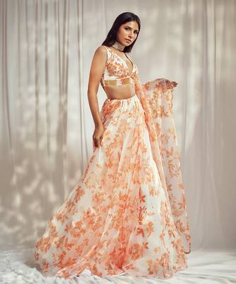 Burnt Orange print organza silk lehenga set 1