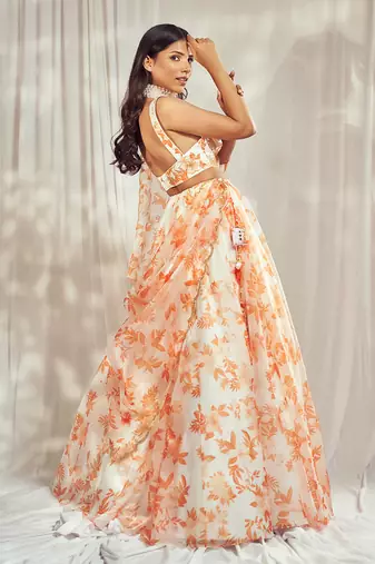 Burnt Orange print organza silk lehenga set