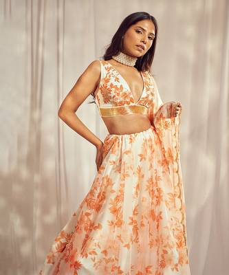 Burnt Orange print organza silk lehenga set 3
