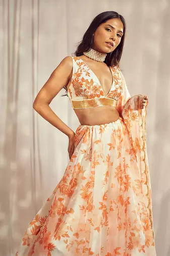 Burnt Orange print organza silk lehenga set