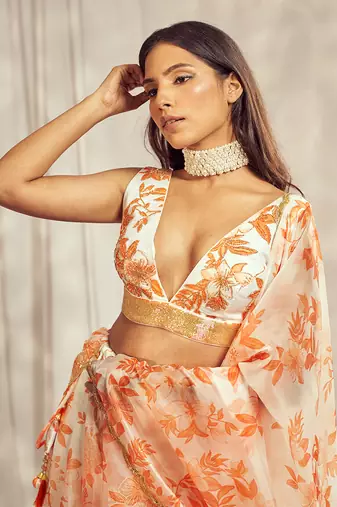 Burnt Orange print organza silk lehenga set