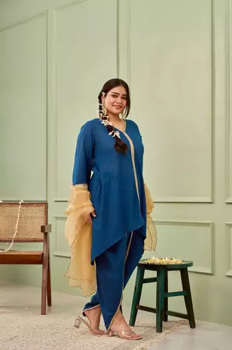 Blue tulip cotton dhoti kurta set - (set of 3)