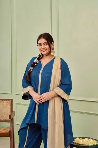 Blue tulip cotton dhoti kurta set - (set of 3)