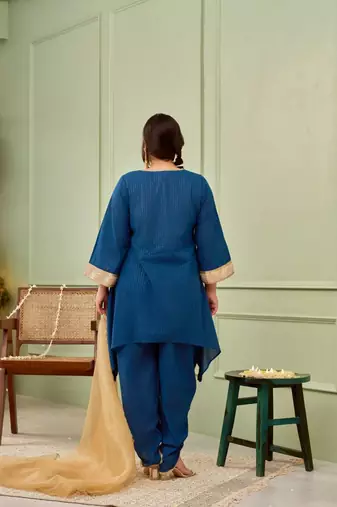 Blue tulip cotton dhoti kurta set - (set of 3)