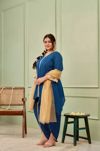 Blue tulip cotton dhoti kurta set - (set of 3)
