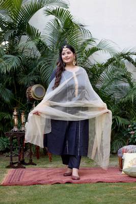 Blue golden cotton lurex kurta set - (set of 3) 1