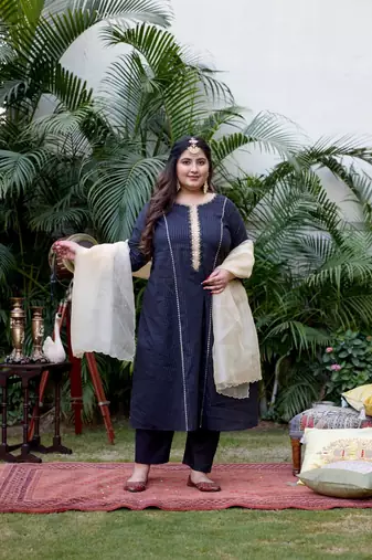 Blue golden cotton lurex kurta set - (set of 3)