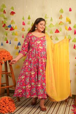 Pink floral cotton anarkali suit set - ( set of 3 ) 1