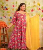 Pink floral cotton anarkali suit set - ( set of 3 )