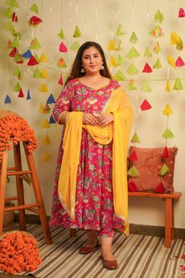 Pink floral cotton anarkali suit set - ( set of 3 ) 2
