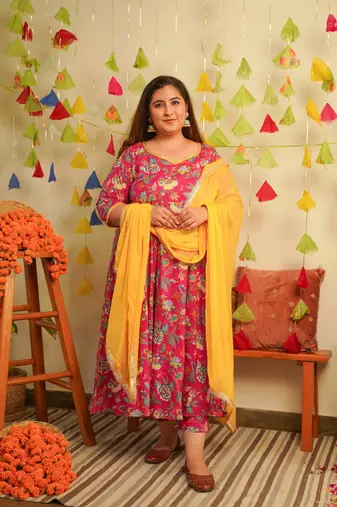 Pink floral cotton anarkali suit set - ( set of 3 )