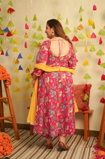 Pink floral cotton anarkali suit set - ( set of 3 )