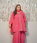 Pink printed cotton v-neck gota sharara set -(set of 3)