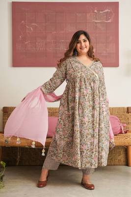 Grey pink floral angrakha kurta suit set - ( set of 3 ) 1