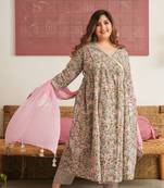Grey pink floral angrakha kurta suit set - ( set of 3 )