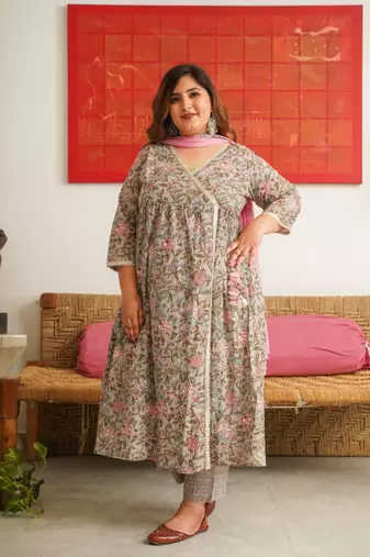 Grey pink floral angrakha kurta suit set - ( set of 3 )