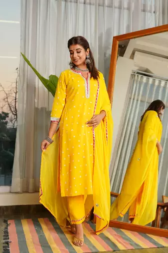 Navrai yellow bandhani suit set - (set of 3)
